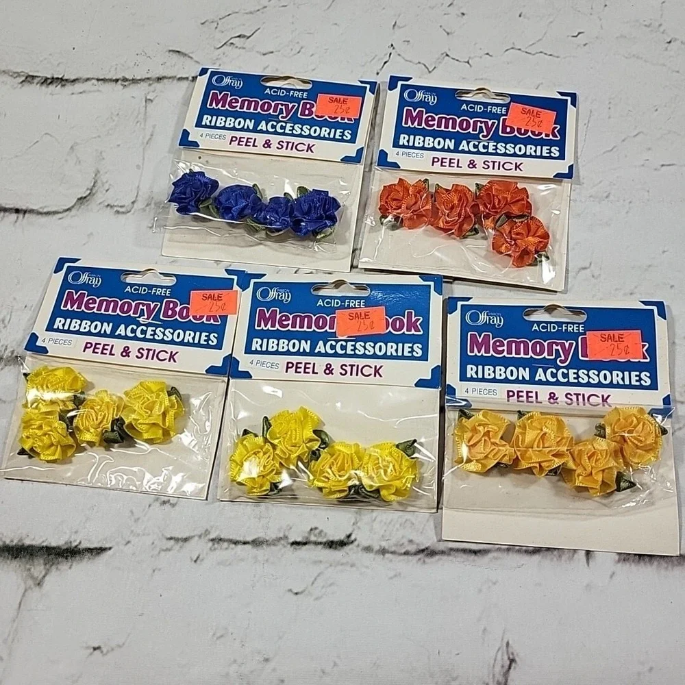 Vintage Peel & Stick Ribbon Roses‎ Lot Of 5 Packs Yellow Blue Orange Crafts